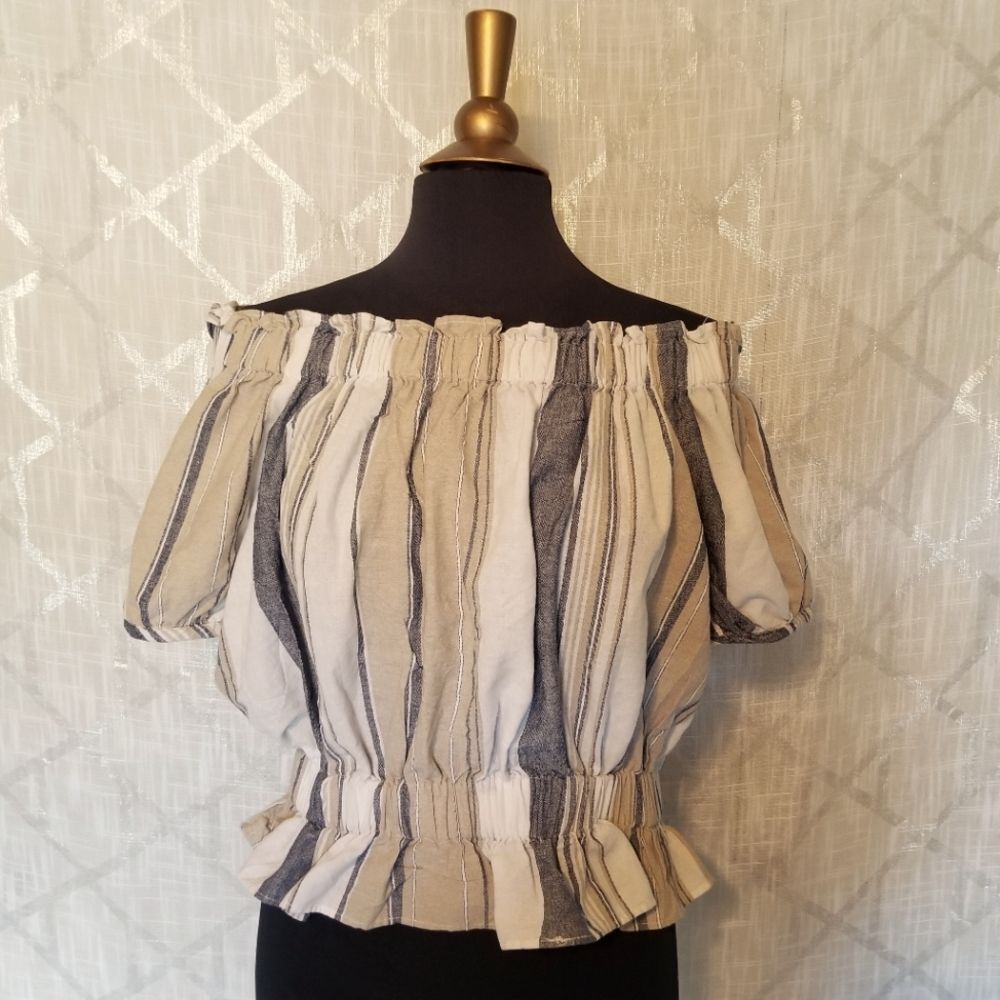 Everly Top Women's Large Boho Tan Blue Striped Smocked Summer Beach